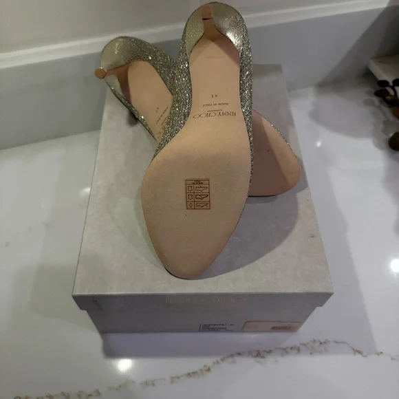 Jimmy Choo Glittering Champagne Peep-Toe Heels - Picture 6 of 10